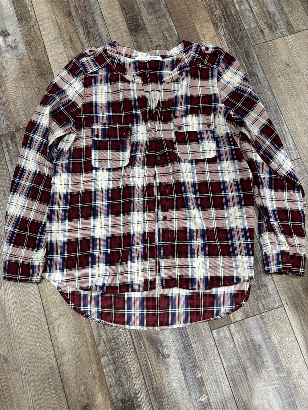 Collective Concepts Women”s Burgundy, Navy & Cream Plaid Button-Down Shirt